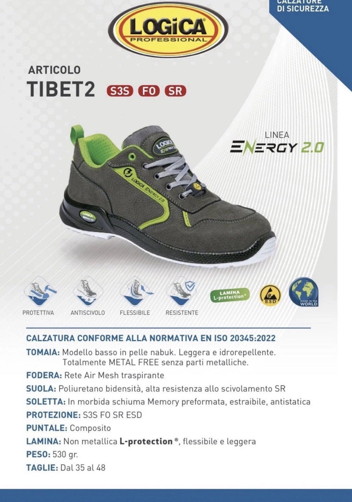 Scarpe antinfortunistica basse colore grigio S3S FO SR ESD Logica TIBET2