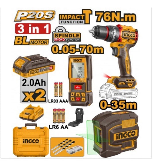 SET TRAPANO AVVITATORE 76NM+LIVELLA AUTOLIVELLANTE VERDE+RILEVATORE DI DISTANZA