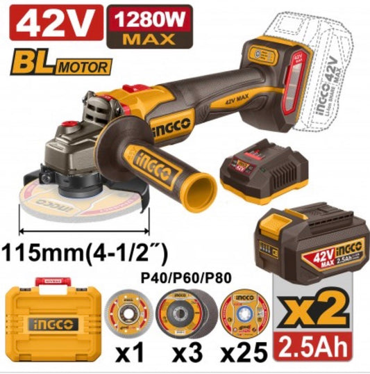 SMERIGLIATRICE 42V 1280W 115MM CON 2 BATTERIA E CARICABATTERIA