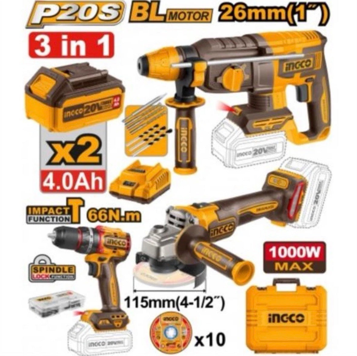 Kit Ingco Avvitatore+Smerigliatrice+Demolitore+2batt.4ah+caricabatt.+valigetta                 SET TRAPANO A PERCUSSIONE CIDLI206681+ SMERIGLIATRICE ANGOLARE CAGLI27153 + TRAPANO PERFORATORE CRHLI20228 20V