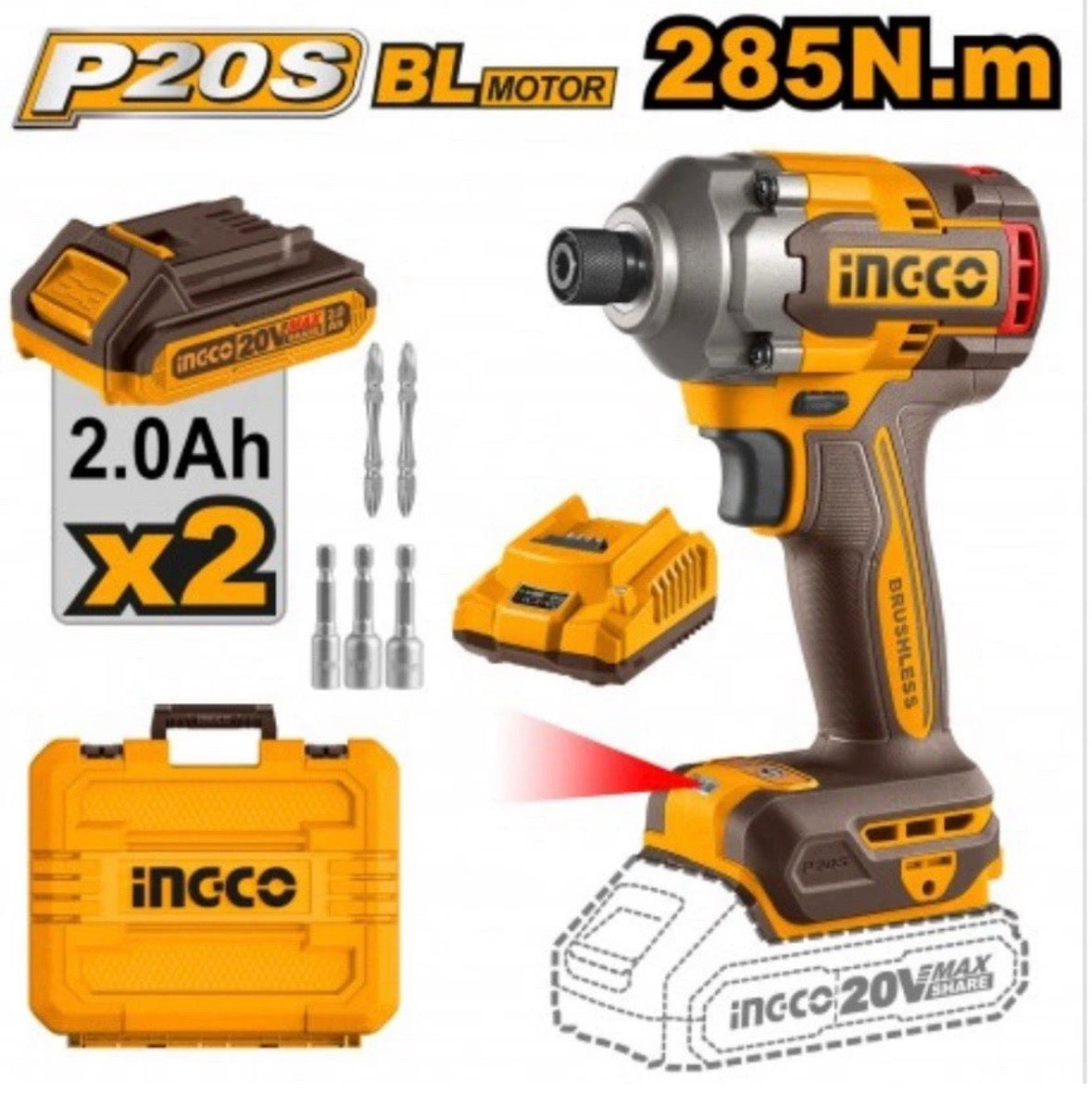 AVVITATORE AD IMPULSI 285N.M BUSHLESS CON 2 BATTERIE 2Ah