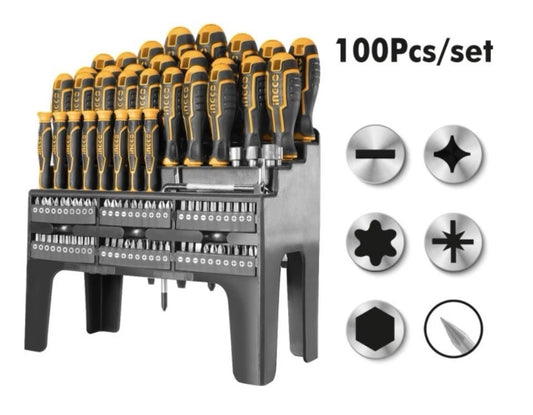 SERIE SET 100 CACCIAVITI GIRAVITI E BIT LAMA CROMO VANADIO TESTA MAGNETICA INGCO