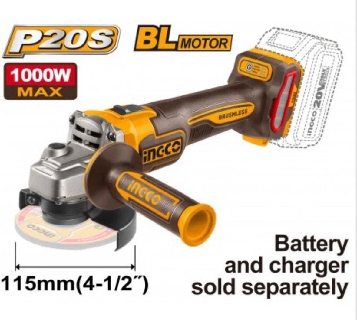 Smerigliatrice Brushless 1000w D115mm Nuda Ingco