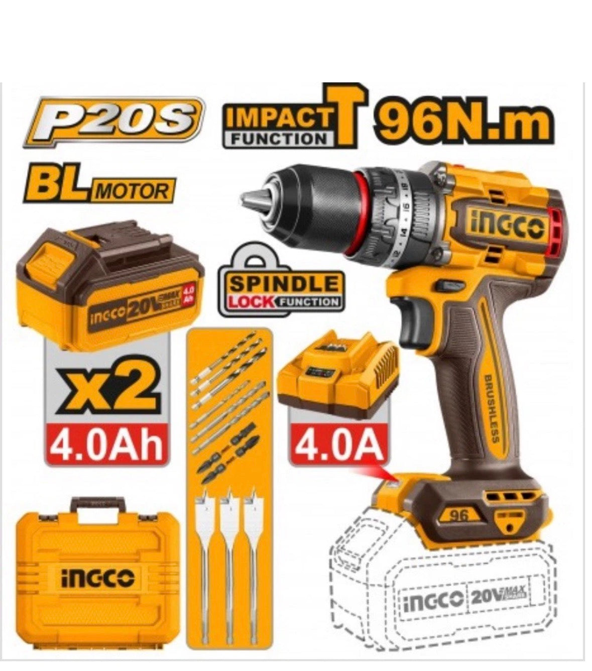 TRAPANO A PERCUSSIONE BRUSHLESS 96N.m CON 2 BATTERIE 4A.h