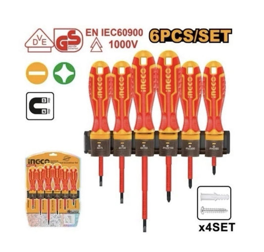 Cacciaviti Elettricista Isolanti 1000V INGCO Punta Magnetica 3 Croce + 3 Taglio