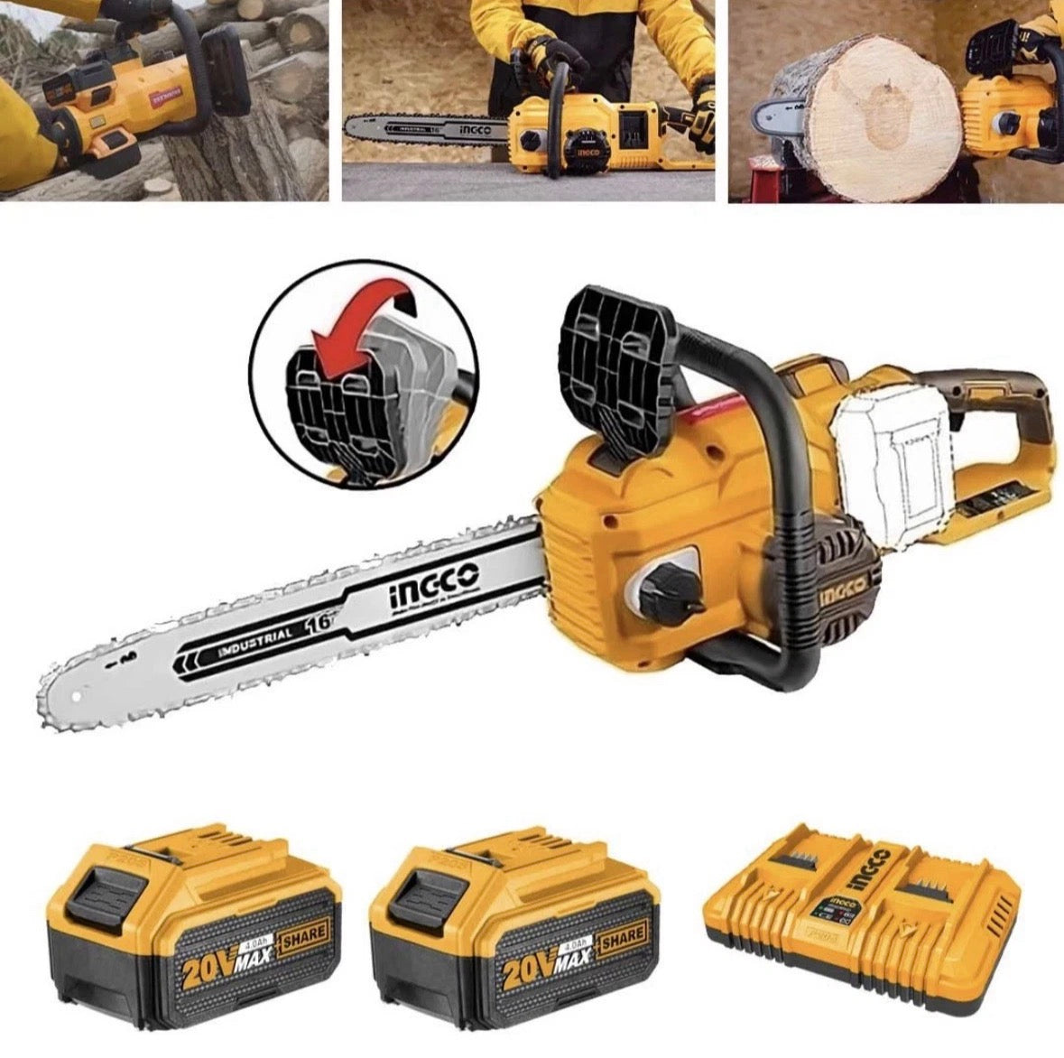 Ingco Motosega a batteria 40V elettrica Barra 40 cm Elettrosega completa 4ah