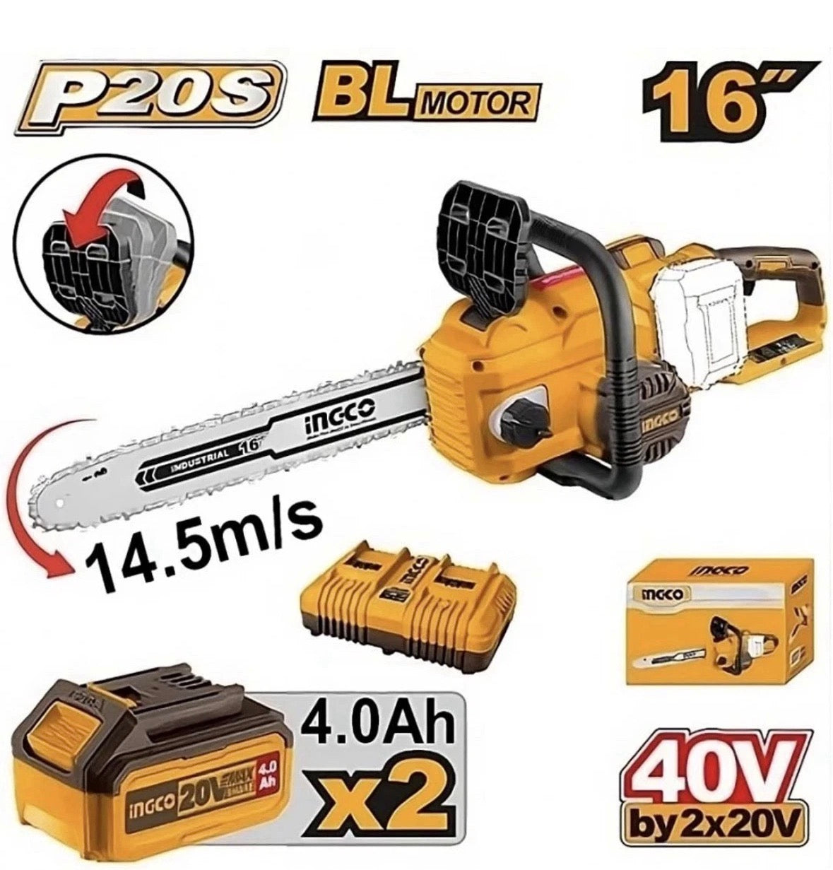 Ingco Motosega a batteria 40V elettrica Barra 40 cm Elettrosega completa 4ah